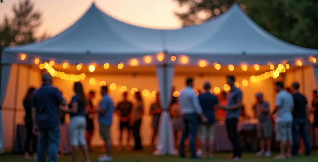 Photographie d’une structure barnum pliant professionnelle avec éclairage doux et invités en interaction
