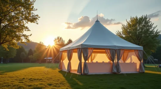 Photographie réaliste d'un barnum pliant installé pour un événement en plein air avec un éclairage naturel doux, fond propre et utilisation de l'espace négatif pour un rendu éditorial professionnel