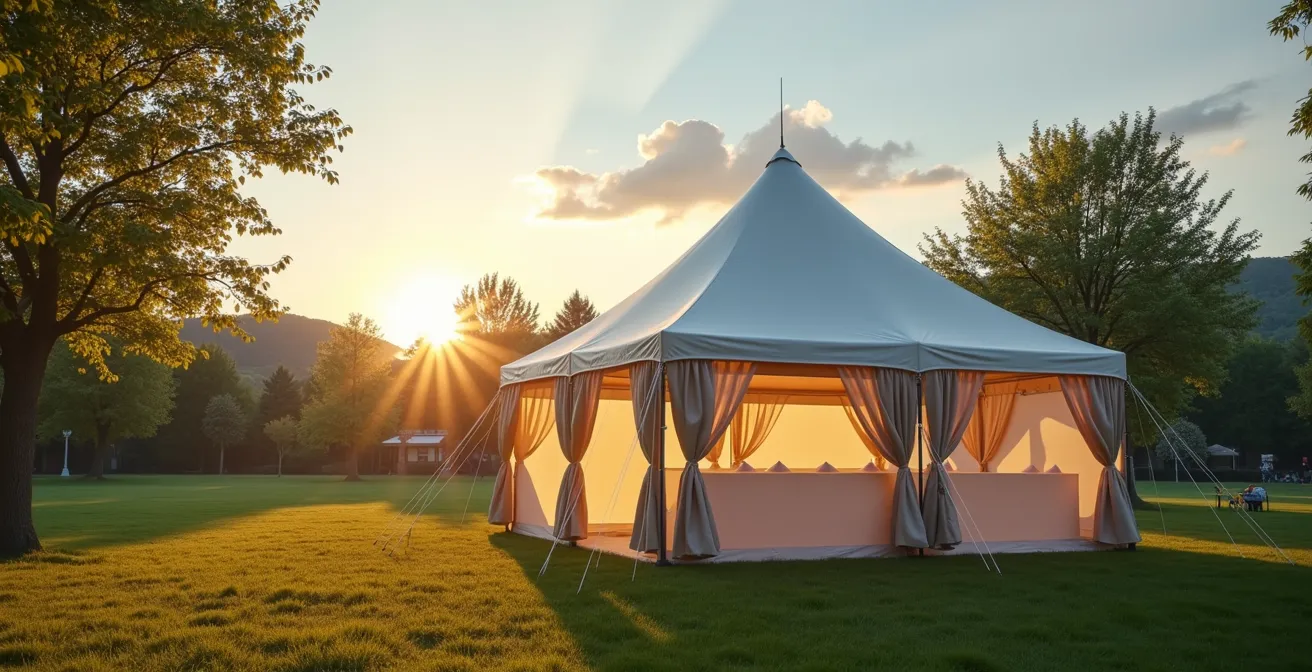Photographie réaliste d'un barnum pliant installé pour un événement en plein air avec un éclairage naturel doux, fond propre et utilisation de l'espace négatif pour un rendu éditorial professionnel