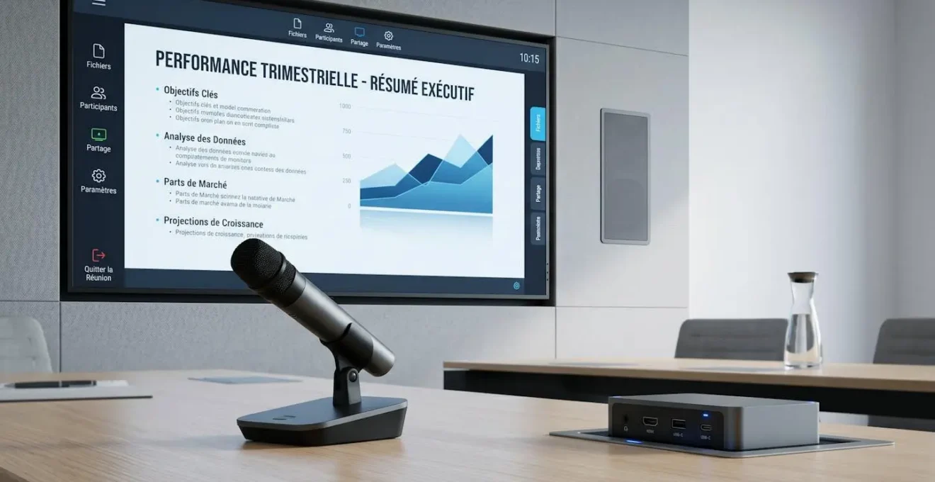 Écran LED professionnel haute définition installé dans salle de conférence moderne avec équipements audiovisuels (micros sans fil, enceintes, connectivité HDMI) et interface en français