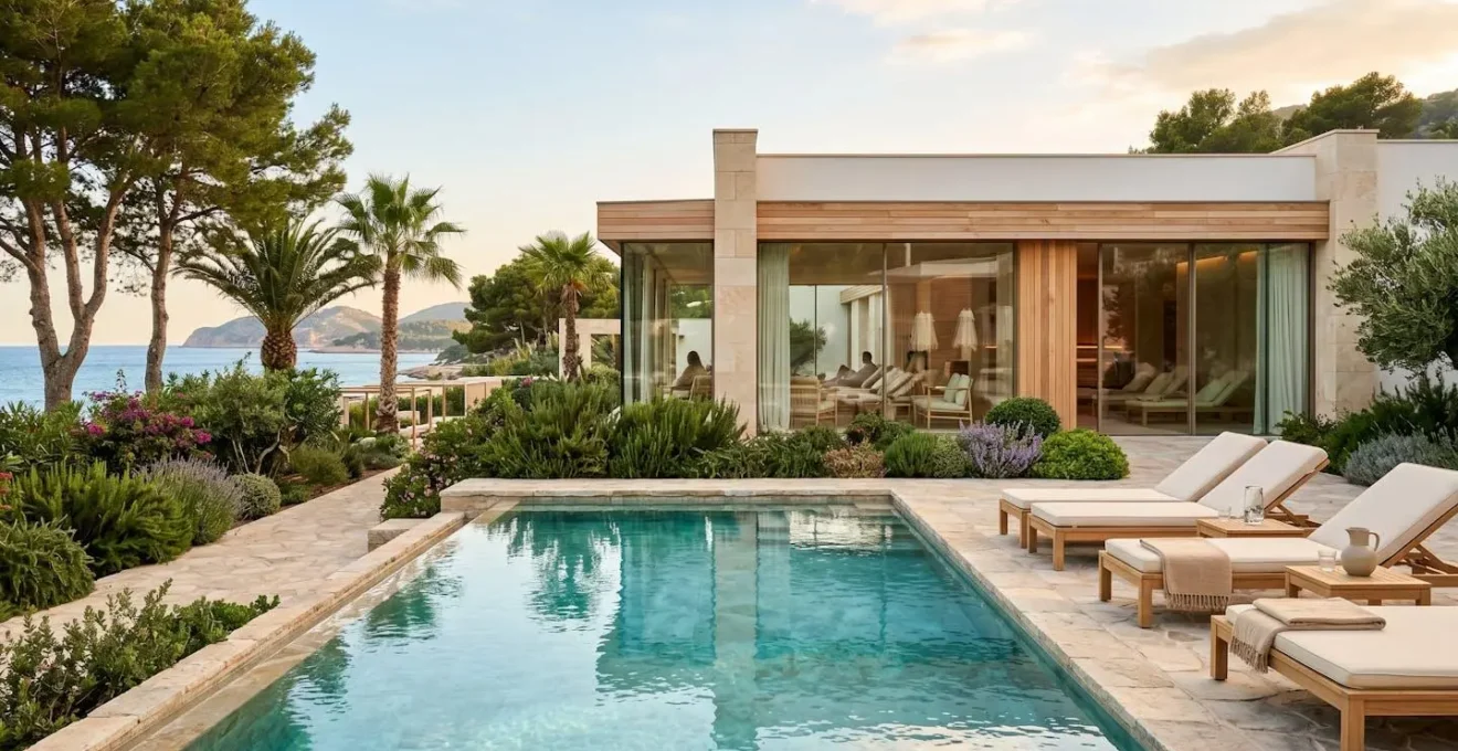 Piscine extérieure et façade spa d'un resort méditerranéen haut de gamme avec transats design, végétation méditerranéenne et architecture contemporaine épurée