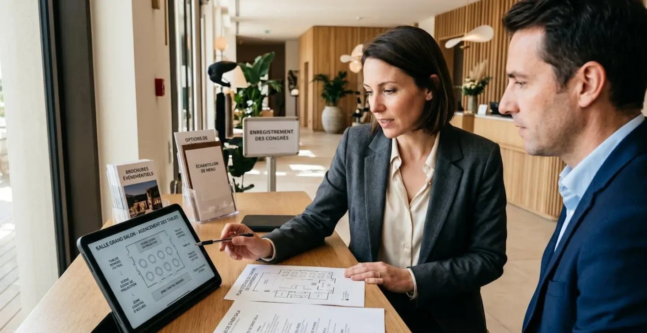 Responsable événementiel d'un resort en discussion collaborative avec organisateur d'entreprise dans bureau moderne, documents et tablette affichant planning de séminaire en français