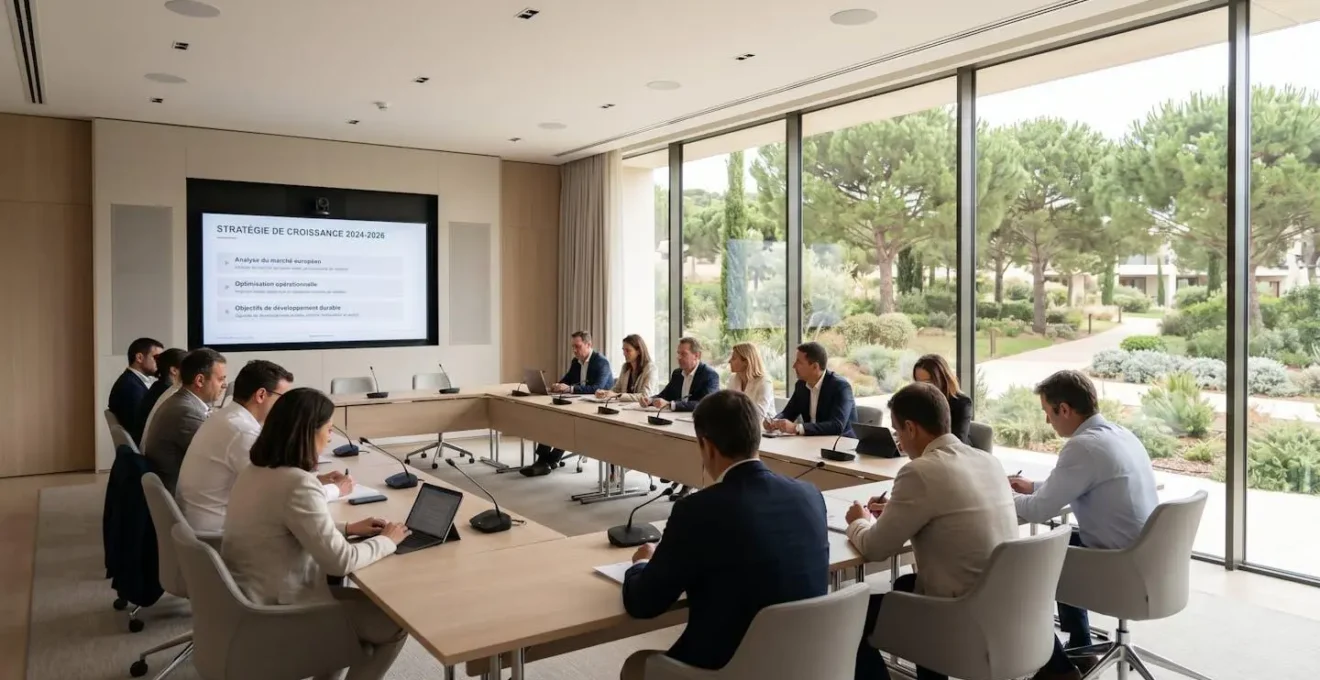 Salle de réunion moderne avec baies vitrées donnant sur un parc méditerranéen, participants en session stratégique avec écran LED professionnel et équipements audiovisuels haut de gamme